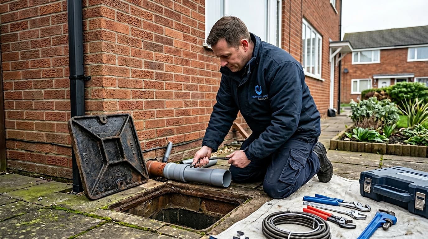 Blocked drain and waste pipe repair beside a home